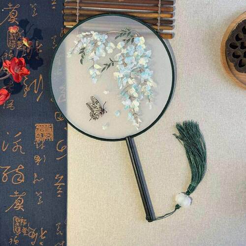 双面团扇古风中国风女式长柄流苏汉服旗袍跳舞蹈扇幼儿夏圆形扇子