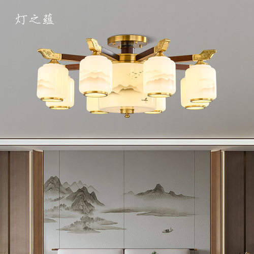 新中式吊灯全铜新款客厅灯云山装饰餐厅卧室实木中国风吸顶灯