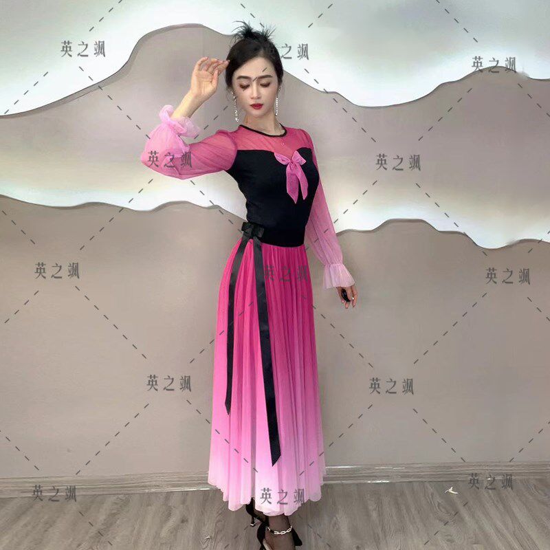 2177英之飒新款渐变网纱舞蹈中长半身裙广场吉特巴水兵交谊舞蹈