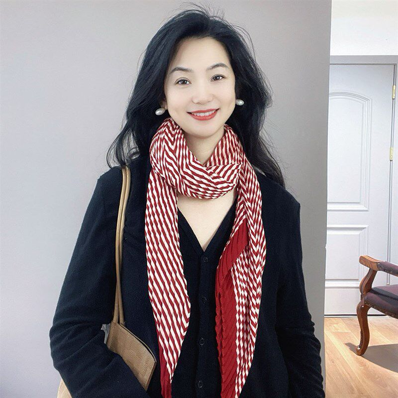 法式安可拉红!高级感条纹棉麻围巾女春秋薄款褶皱大方巾护颈披肩