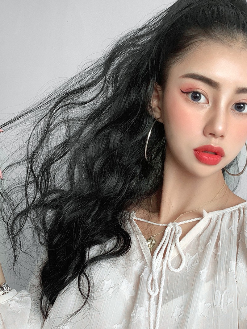 真发马尾假发女长发大波浪网红高马尾抓夹60长卷发玉米烫真人发丝