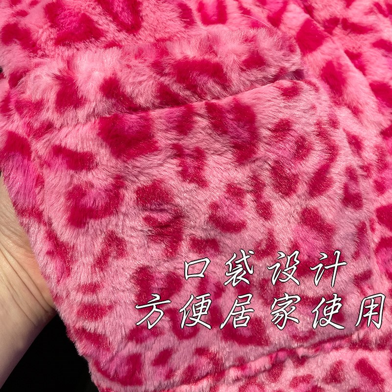 玫红色珊瑚绒连帽豹纹睡衣女秋冬加绒加厚晨袍家居服毛绒睡裤睡袍