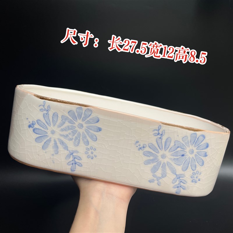 长条花盆多肉陶瓷盆栽绿植菖蒲组合室内桌面中国风蓝色的花复古花