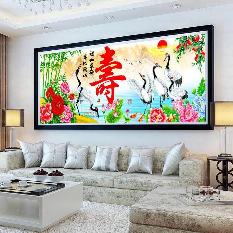 十字绣客厅仙鹤新款寿比南山手工图成品家和万事兴画机绣字寿祝寿