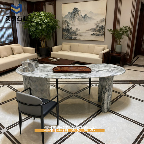 山水画大理石茶桌现代高级感全石材烧水壶一体嵌入式茶台