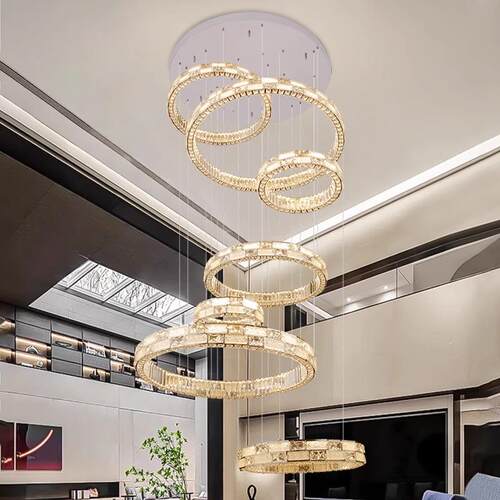 楼梯吊灯现代简约轻奢别墅客厅灯复式楼挑空loft公寓圈圈水晶吊灯