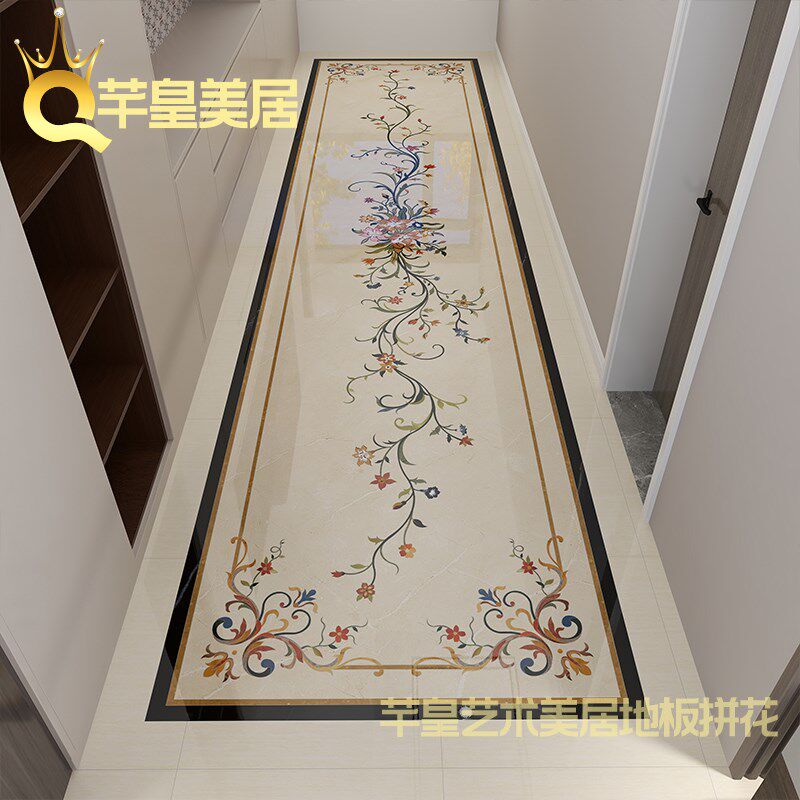 欧式走廊拼花地砖客厅入户玄关进门过道仿水刀拼图瓷砖防滑耐磨