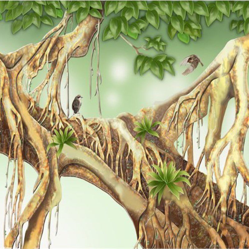 无缝5d自然风景绿色森林壁画8d电视背景墙纸客厅沙发影视墙布大树