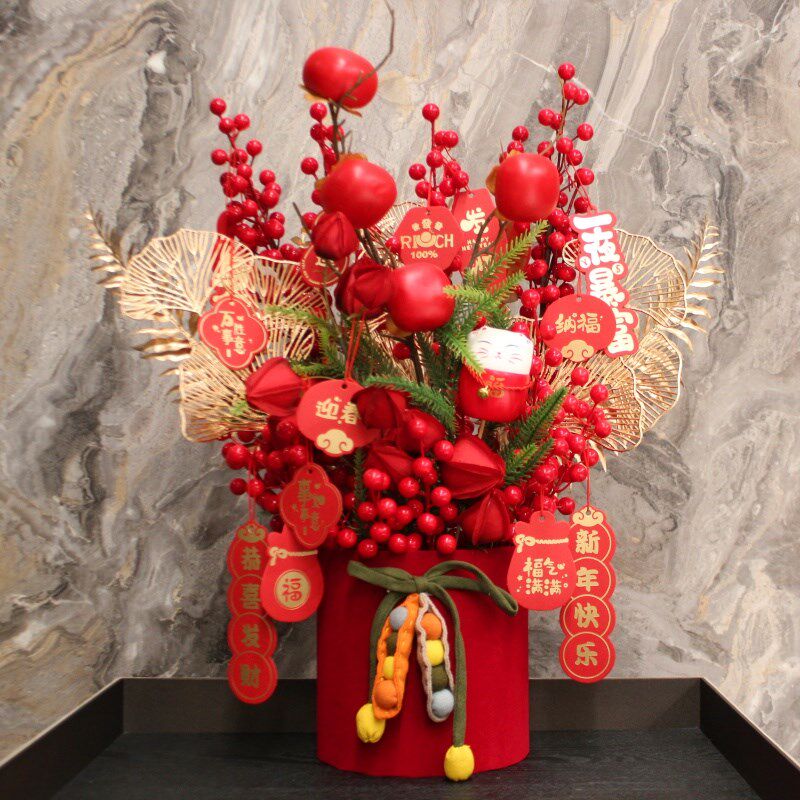 春节插花福桶抱抱桶新年礼物新年装饰品红果发财果仿真花客厅摆件