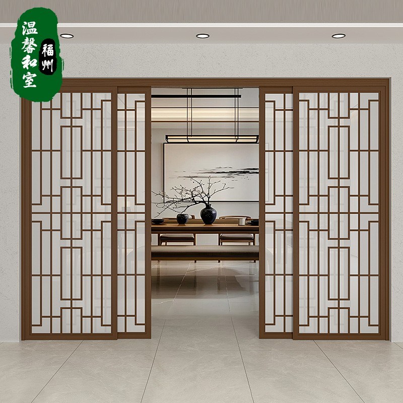 隔断门新中式门移门房间吊轨门折叠门复古客厅隔断屏风实木推拉门