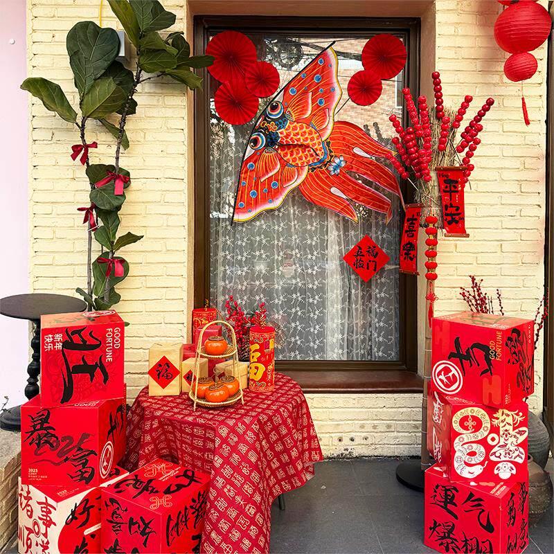 元旦2026马年装饰店铺橱窗背景打卡区新年场景风筝挂饰氛围感布置