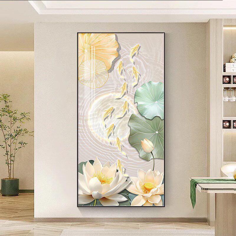LED带灯九鱼图玄关装饰画简约现代 花开富贵挂画轻奢走廊过道壁画
