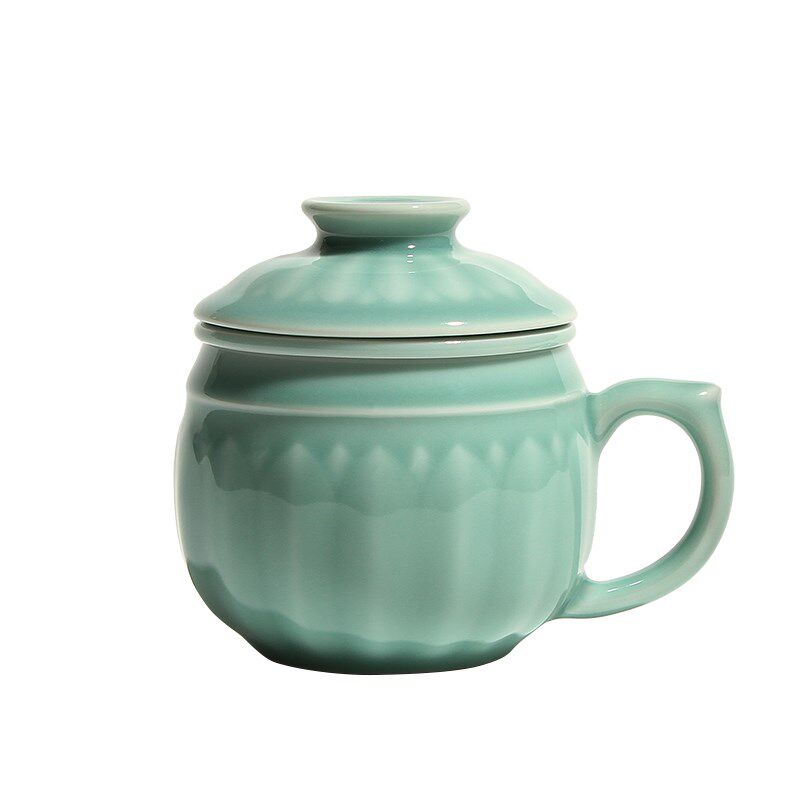 陶瓷泡茶杯茶水分离过滤带盖茶杯龙泉青瓷中式办公水杯莲花同心杯