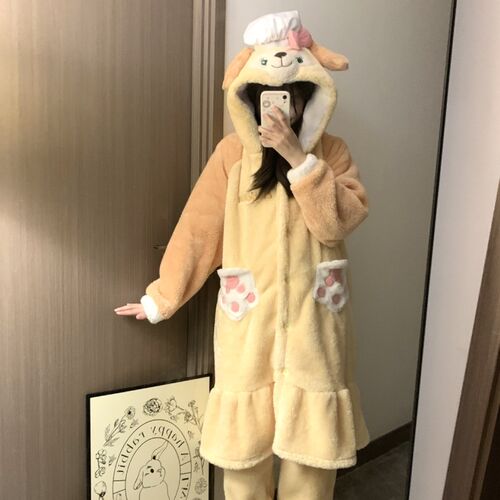 可琦安饼饼珊瑚绒睡袍女冬季新款加厚连帽卡通可爱睡衣家居服套装