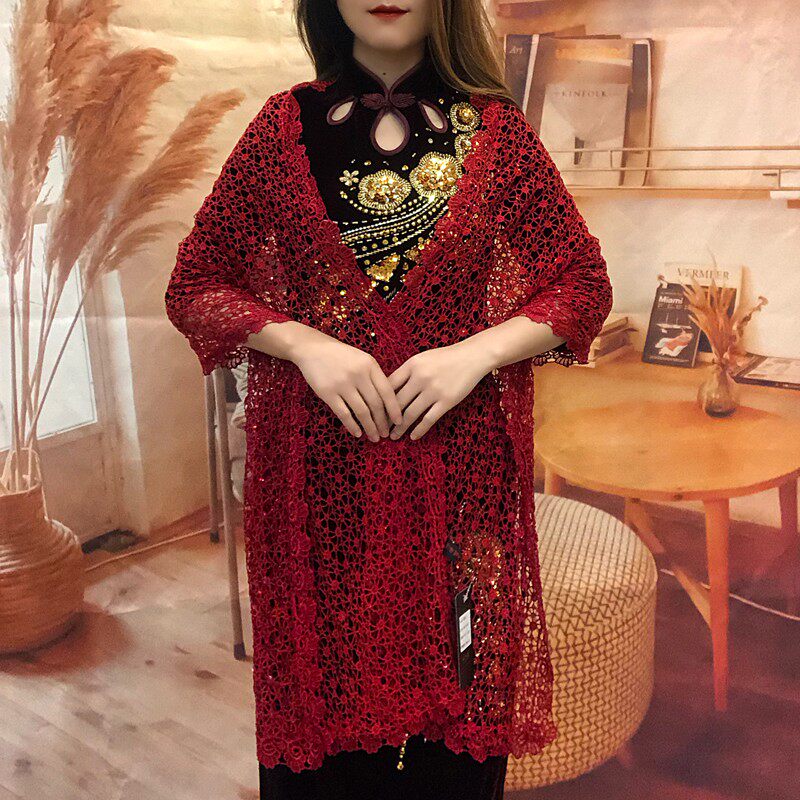 百搭旗袍披肩礼服外披优雅蕾丝亮片高端喜婆婆婚宴装春夏薄款外搭