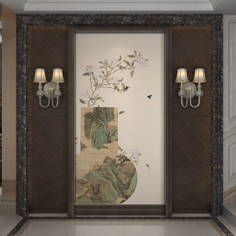 山水入户玄关装饰画新中式走廊正对门壁纸花鸟茶室楼梯间竖版壁画