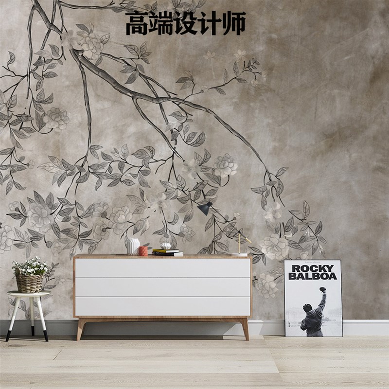 北欧手绘复古简约植物叶子花朵壁纸客厅电视背景墙纸定制壁画墙布