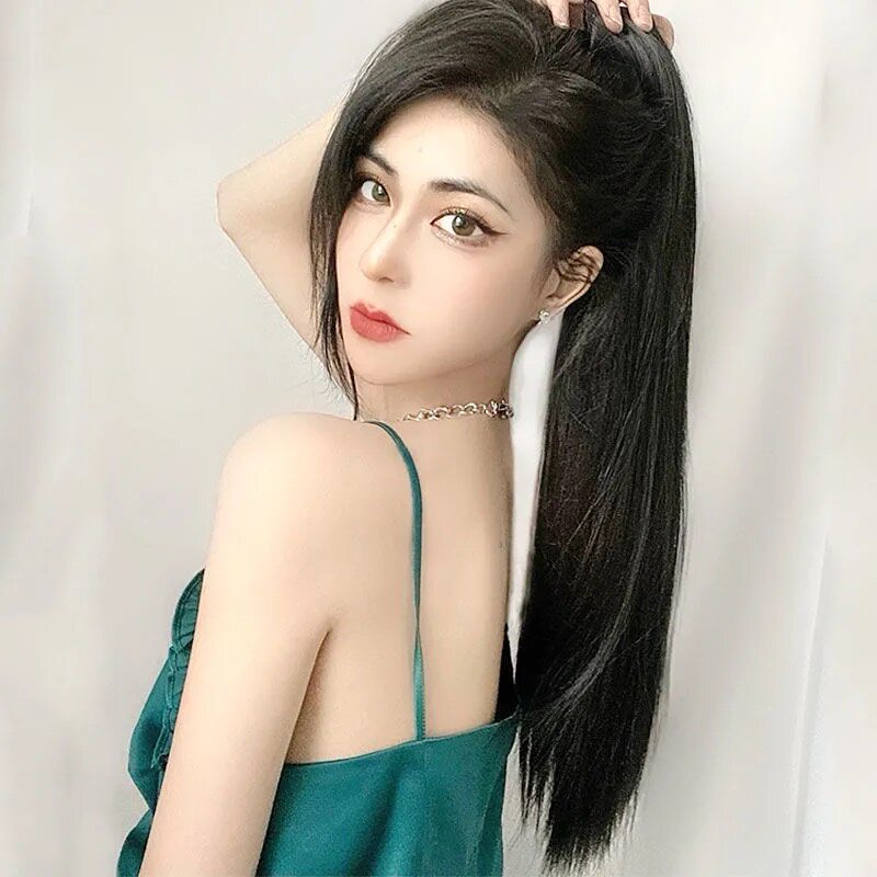 高马尾假发直发真发马尾抓夹减龄绑带式中长款自然发片辫子发尾