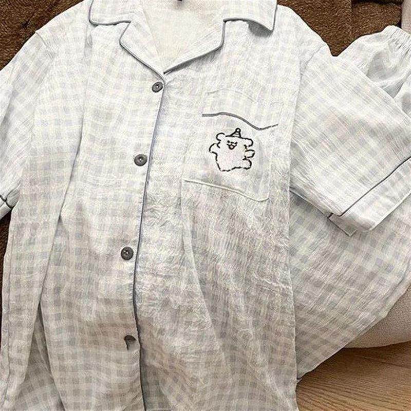 线条狗情侣睡衣女夏季卡通可爱短袖云朵棉薄款一男一女家居服套装
