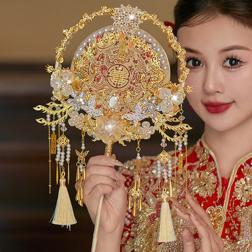 香槟色新娘团扇结婚秀禾扇子双面成品diy材料包高级感手持扇喜扇