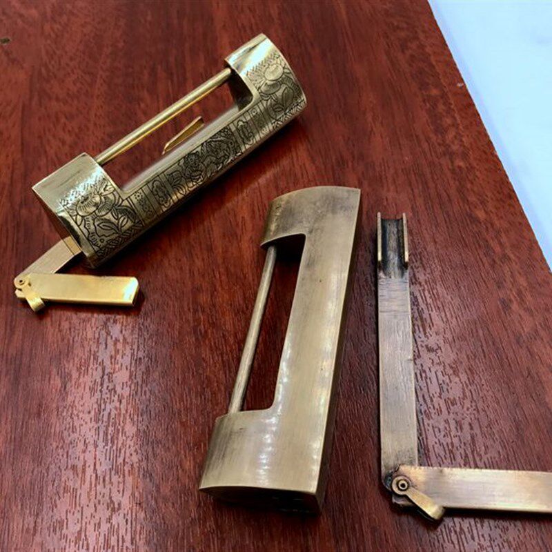 中式仿古铜锁横开复古刻花挂锁老式门家具通用箱锁插销锁扣铜配件
