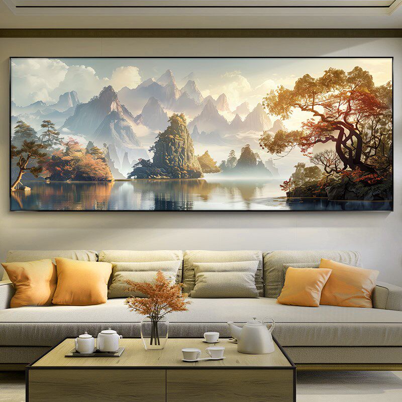 新中式客厅装饰画一整幅大气山水画沙发背景墙壁画发财树现代挂画