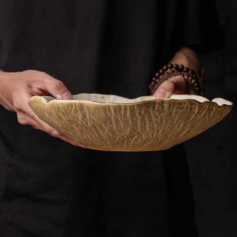 莳绘金缮景德镇晚荷9英寸菜盘家用复古粗陶高颜值沙拉碗深盘汤盘
