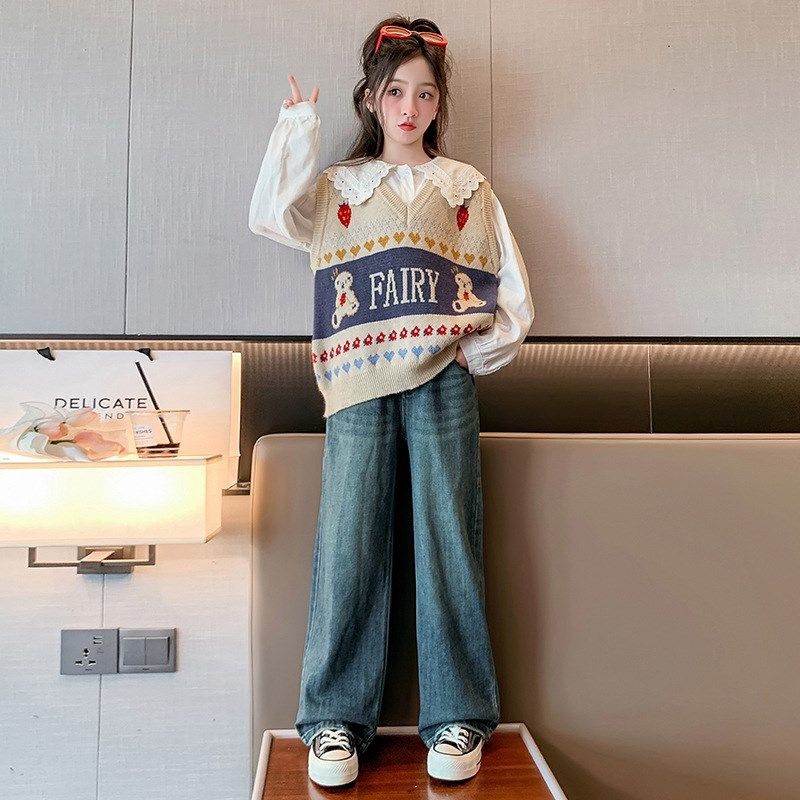 女童针织马甲春秋款2024新款大童毛衣背心儿童秋冬女孩两件套衬衣