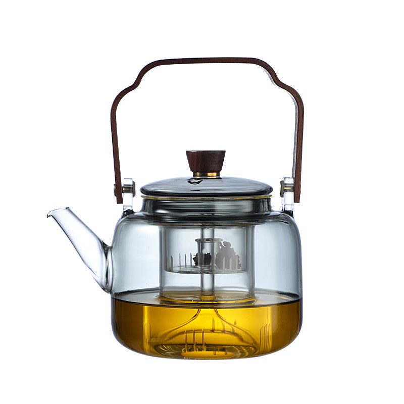 蒸煮一体提梁壶透明黑玻璃茶具套组家用茶壶加热耐高温泡茶器单壶