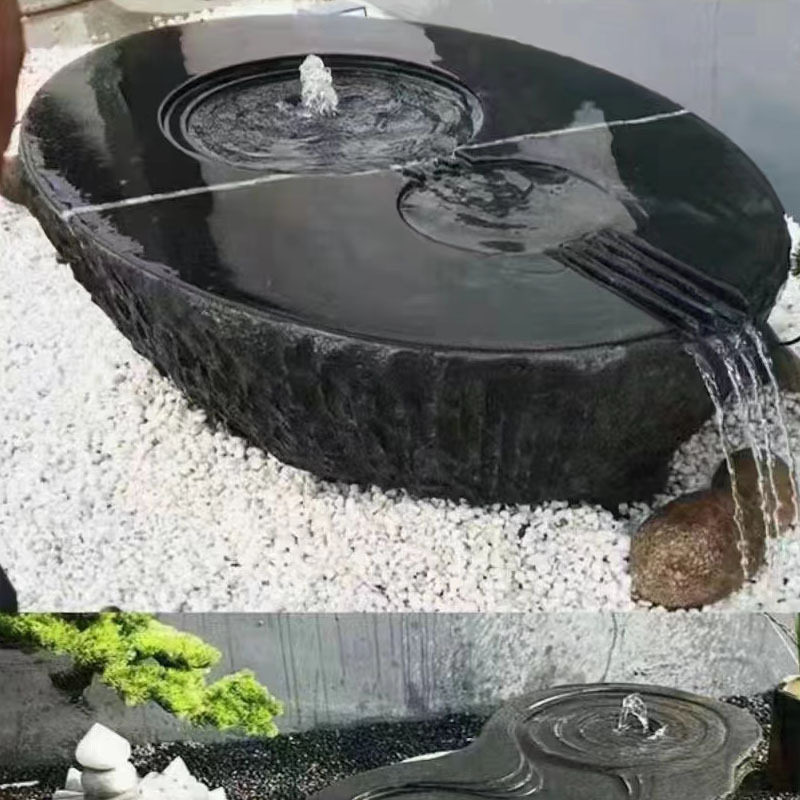 黑山石水钵天然石雕流水景观庭院涌泉石钵造景中国黑石材瀑布石盆
