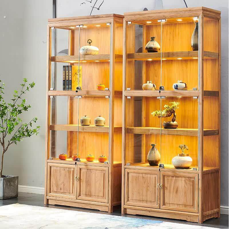 兢韵社新中式玻璃展柜珠宝玉器精品柜商用实木陈列书柜货柜带灯透