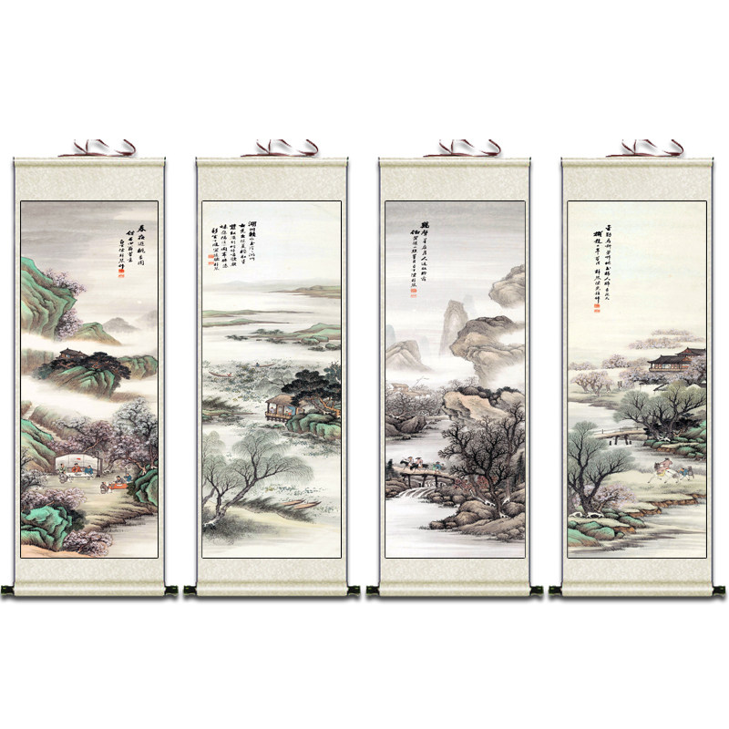山水四条屏卷轴画国画春夏秋冬四季挂画装饰画水墨画仿古宣纸画