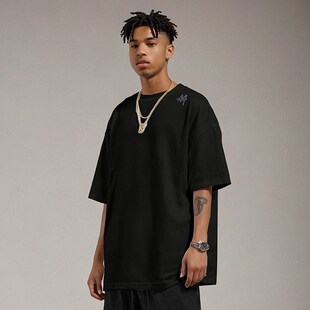 纯棉情侣加肥加大码 300g美式 重磅宽松胖子T恤白色短袖 五分袖 男装