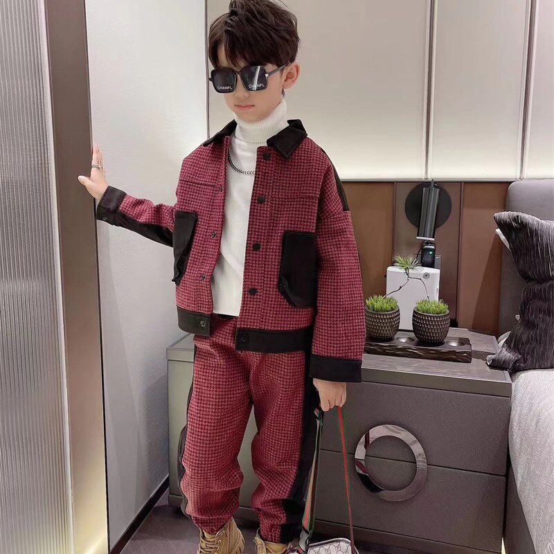 男童年货套装新款童装加厚夹棉冬装中大童休闲两件套红格儿童夹克