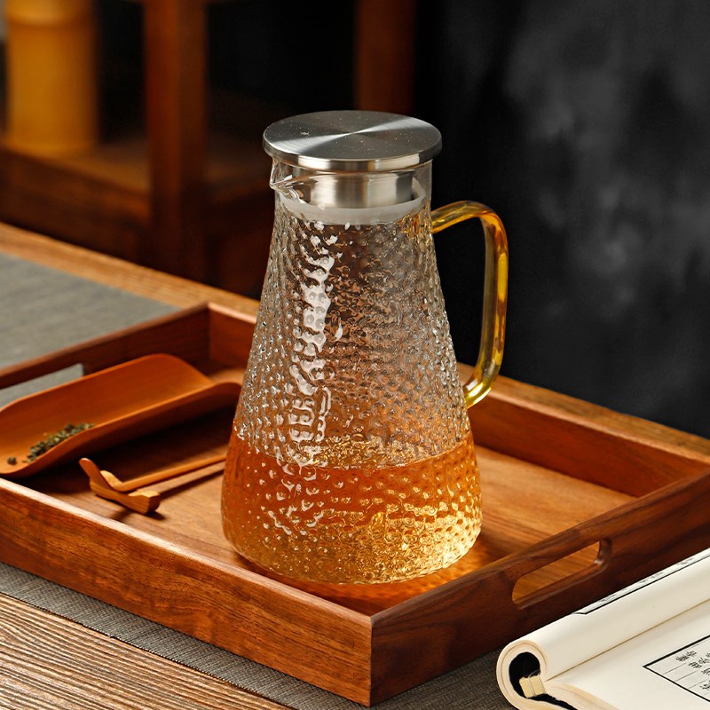 冷水壶玻璃家用耐高温大容量锤目纹凉水杯泡茶壶茶杯套装防摔扎壶