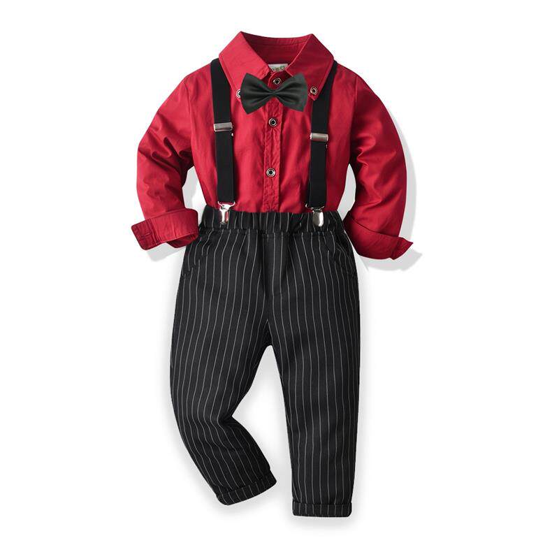 男童礼服四件套酒红色衬衫背带裤套装宝宝生日周岁宴表演主持正装