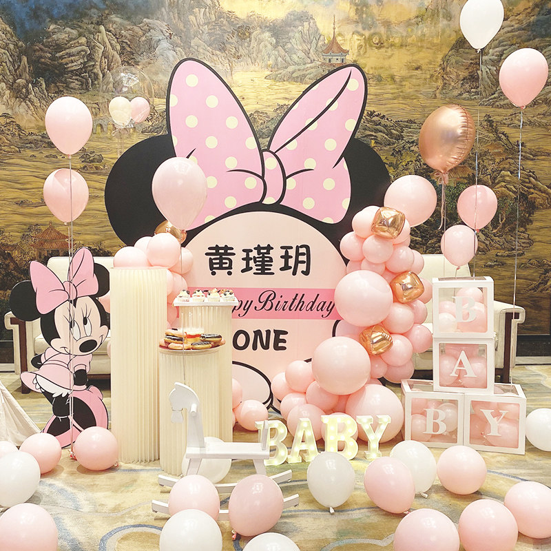 女宝宝1周岁生日气球布置装饰家里 百天宴米妮背景墙一周岁鼠宝宝