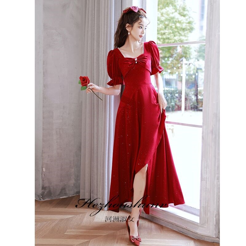 大码敬酒服新娘酒红色平时可穿订婚裙结婚回门服便装高级感胖mm夏