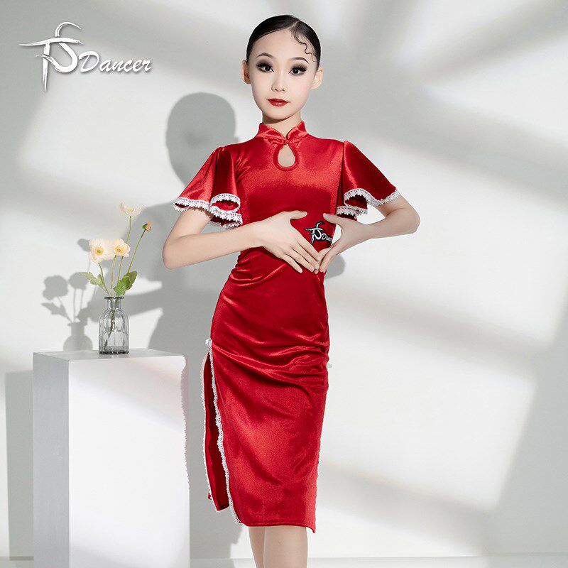 拉丁舞比赛服女儿童旗袍表演服高档复古中国风元旦喜庆演出舞蹈服