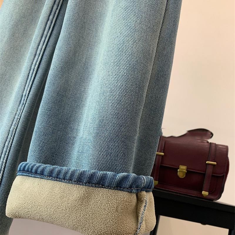 女童直筒喇叭加绒牛仔裤冬中大童装一体绒休闲长裤阔腿裤百搭宽松
