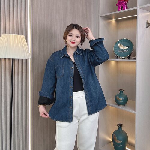 2024秋冬新款加绒保暖牛仔衬衫女装外套大码胖mm宽松显瘦休闲上衣