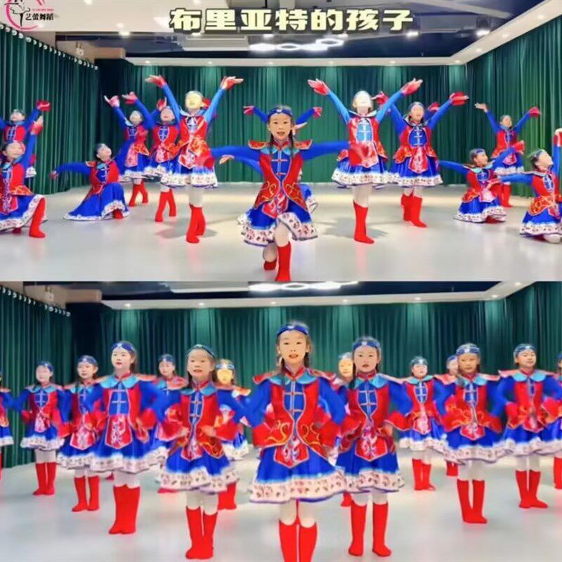 布里亚特的孩子蒙古服族儿童蒙古袍女舞蹈服装女童少数民族舞演出