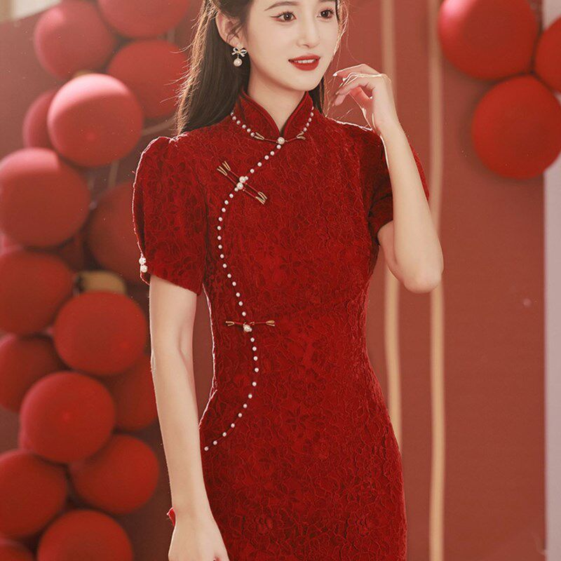 新中式旗袍敬酒服复古改良高端红色蕾丝结婚礼服女春订婚连衣裙
