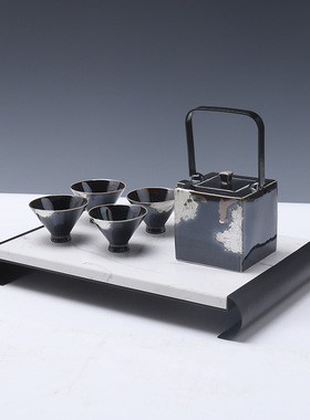 新中式大理石托盘茶具组合装饰客厅茶室茶几书房样板间桌面装饰品