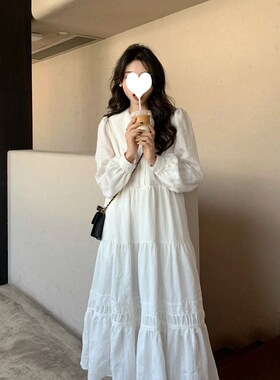 2024春秋新款法式白色连衣裙女长袖宽松港味长款过膝显瘦仙女裙子