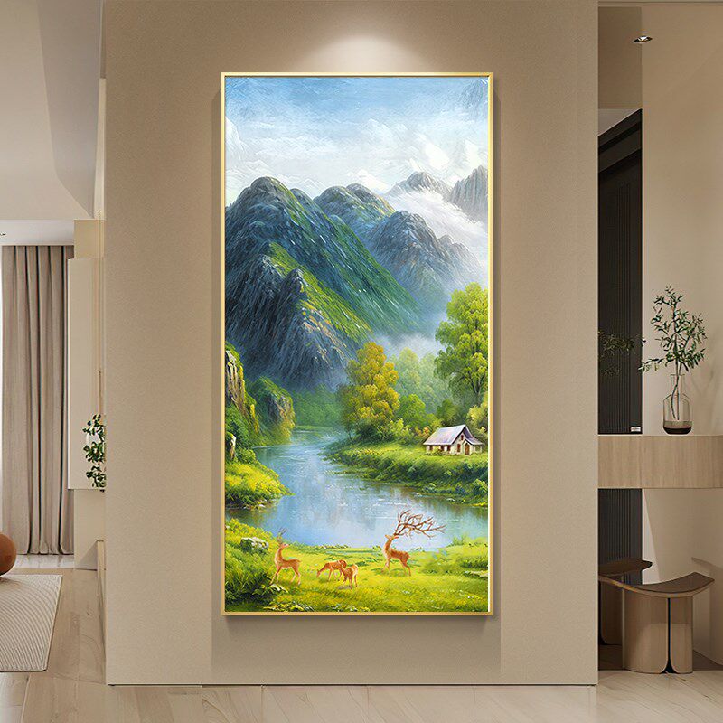 风景旭日东升壁画过道山水挂画走廊正对门客厅装饰画玄关油画入户