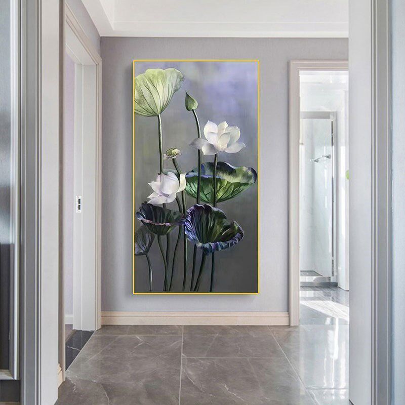 手绘荷花油画简约玄关装饰画竖版客厅沙发背景墙壁画挂画