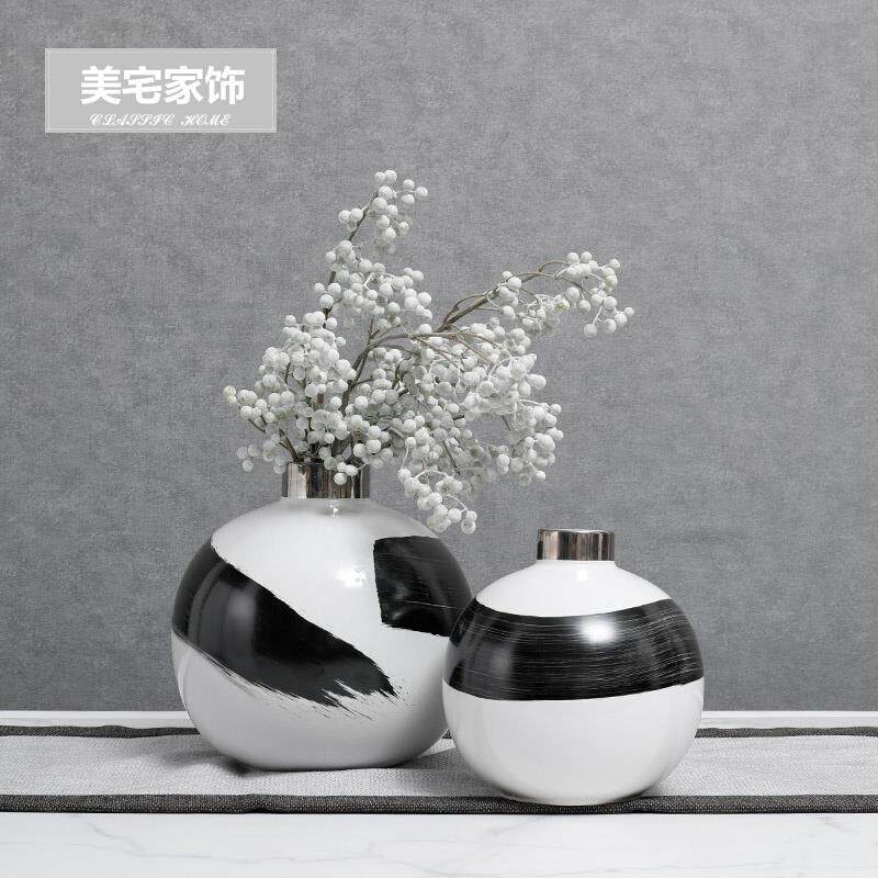 新中式黑白手绘陶瓷花瓶圆形小口插花花器客厅餐桌首饰盒摆件组合