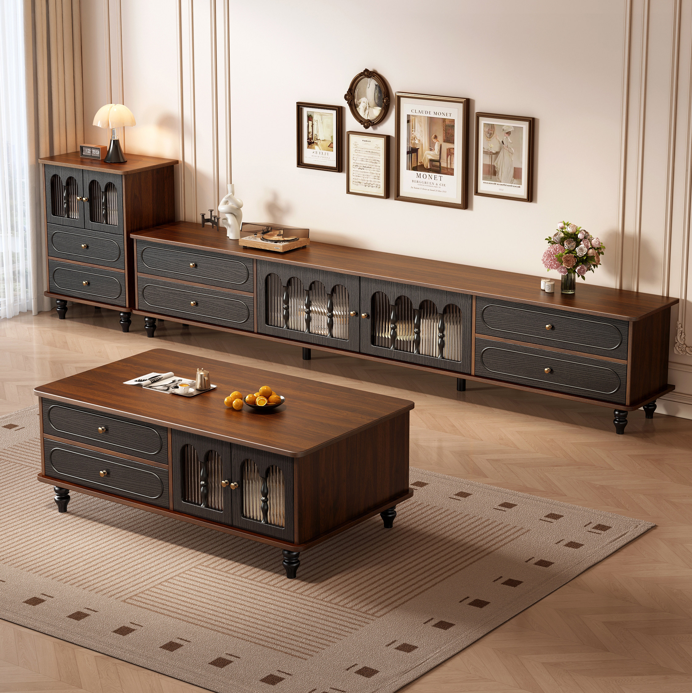 中古风电视柜茶几组合家用客厅小户型法式黑色复古实木收纳储物柜