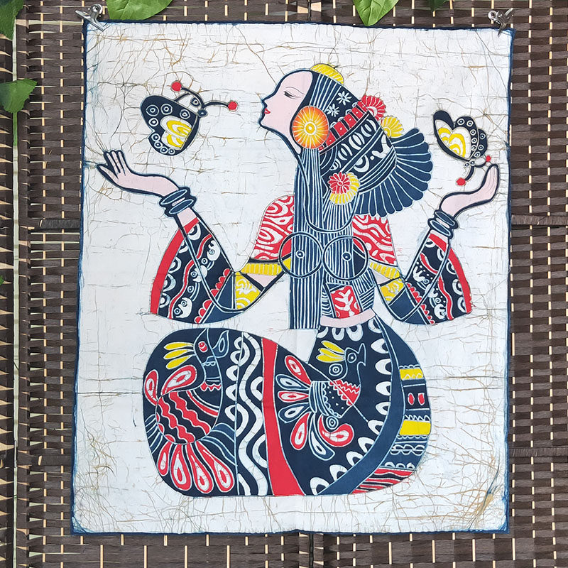 手工染布苗族蜡染画中式墙面复古装饰背景布简约家居壁挂画挂帘布